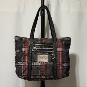 Coach plaid nylon tote bag with black leather trim and silver hardware poppy